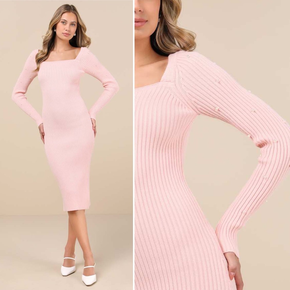 Lulus Gleaming Babe Light Pink Ribbed Knit Pearl Midi Sweater Dress XS